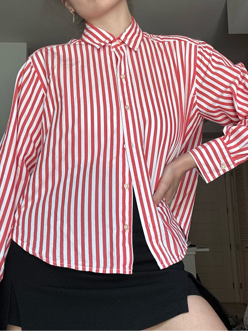 Free Assembly Red and White Vertical Stripe Button-Down Shirt